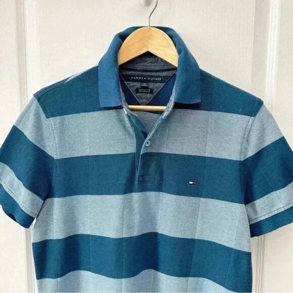 Tommy Hilfiger Mens Polo Shirt Custom Fit Short Sleeves Teal Green Stripes Small - Picture 4 of 13